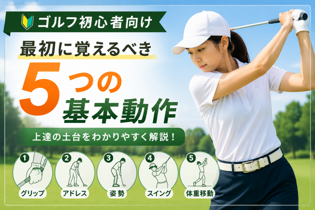 ゴルフ初心者が最初に覚えるべき5つの基本動作を解説するイメージ画像